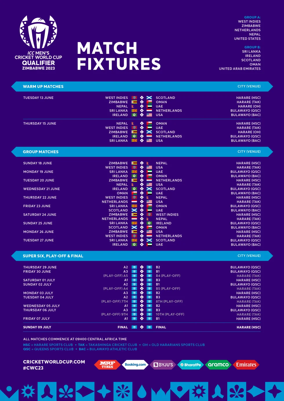CC Men's Cricket World Cup Qualifier 2023 Fixtures