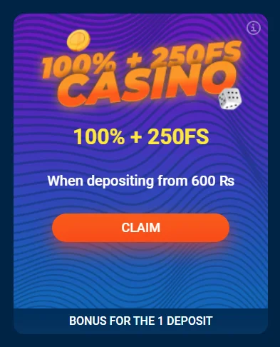 Bonus 100% on a deposit for a casino + 250FS
